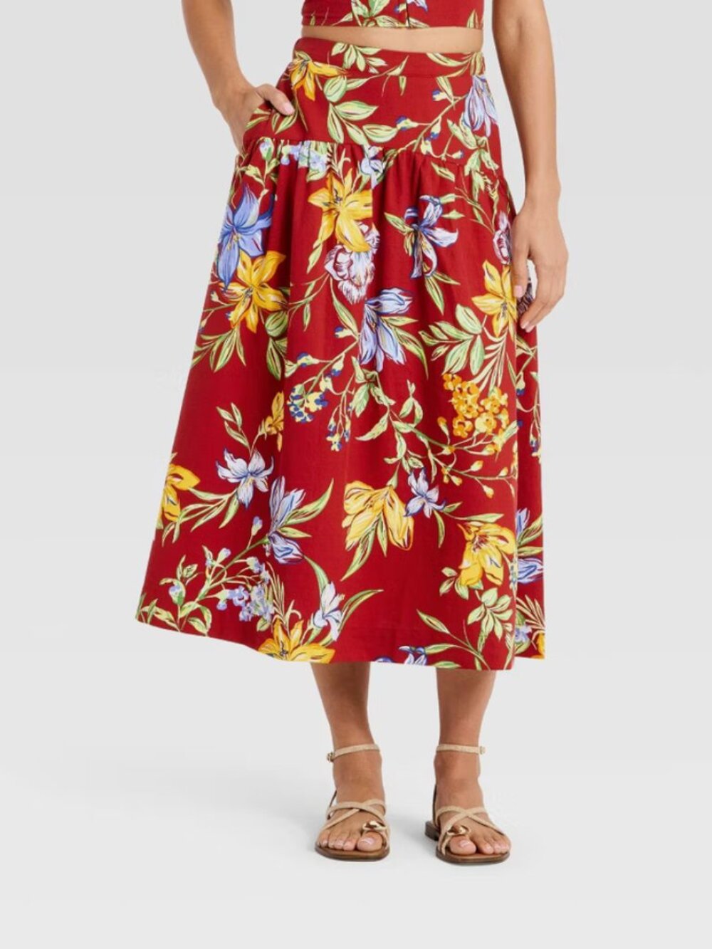 Women's Resort Poplin Drop Waist Midi Skirt - A New Day Dark Red Floral XS